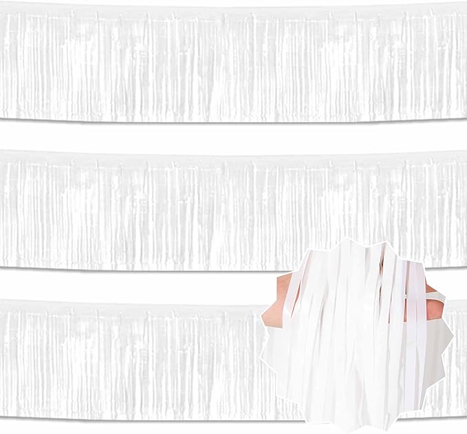 3 Pack 10 Ft Macaron White Foil Fringe Garland Metallic Streamers Tinsel Banner Wall Hanging Garland Backdrop for Parade Floats, Halloween, Christmas, Thanksgiving, New Year Party Decorations