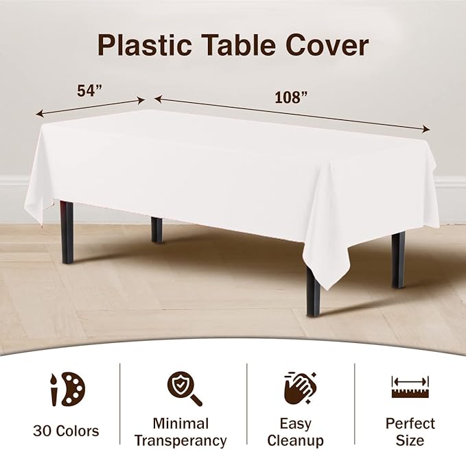 Exquisite Party Solids 6-Pack Premium Plastic Tablecloth 54in. x 108in. Rectangle Plastic Table Cover - White