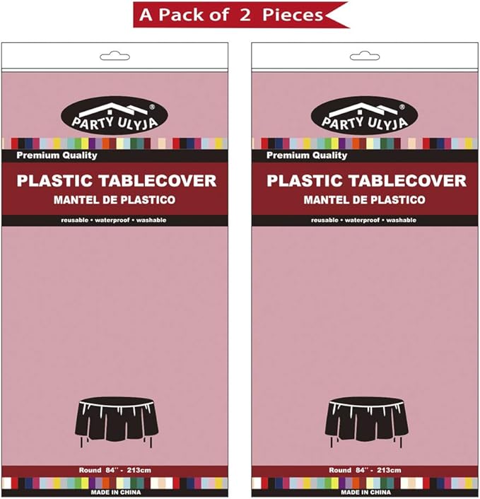Pink Plastic Tablecloths 2 Pack Disposable Table Covers 84 Inch Circle Bridal Shower Party Tablecovers PEVA Vinyl Table Cloths for BBQ Picnic Birthday Wedding Banquet Parties 6 ft Round Table Use