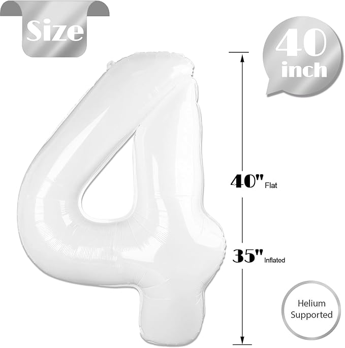 White 4 Balloon, Translucent Number Balloons 40 Inch, 4th White Party Decorations, Four Large Numbers for Party Decor, Number 4 Balloon
