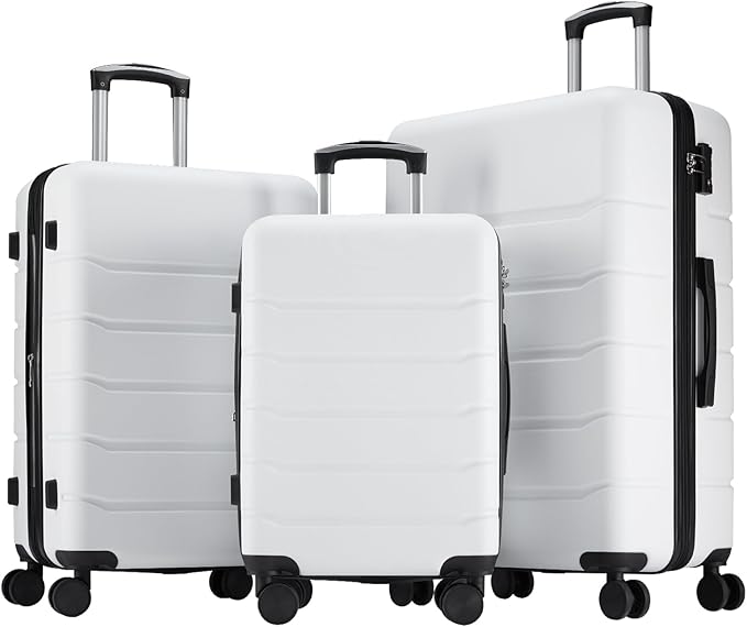 OLIXIS 3-Piece Suitcase Set, Hardside Luggages with Spinner Wheels, Lightweight ABS Hard Shell Travel Luggage, Expandable Carry-On Suitcase with TSA Approved Lock–White(20+24+28 Inch)