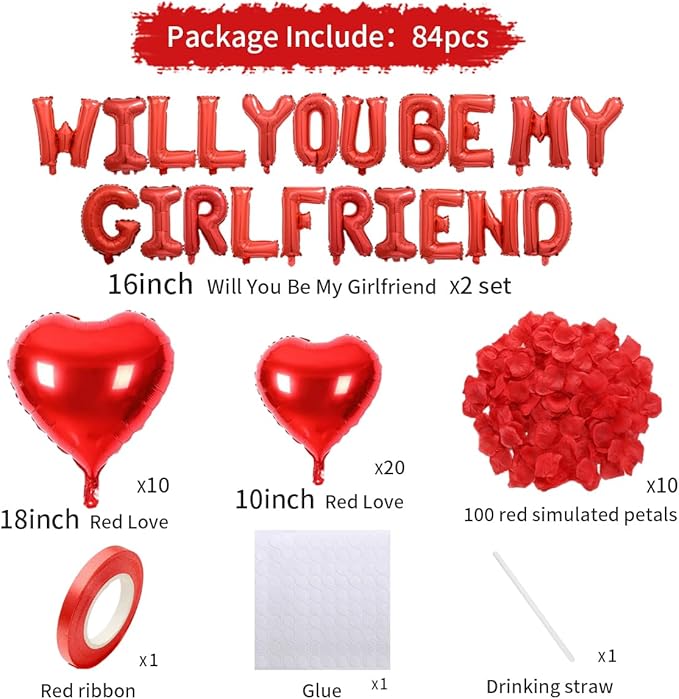 2 set 16 inch Will You be My Girlfriend Balloons and Heart Balloons with 1000 Pieces Rose Petals, Red Letter Balloon for Her Valentines Day Decorations Wedding Anniversary Engagement