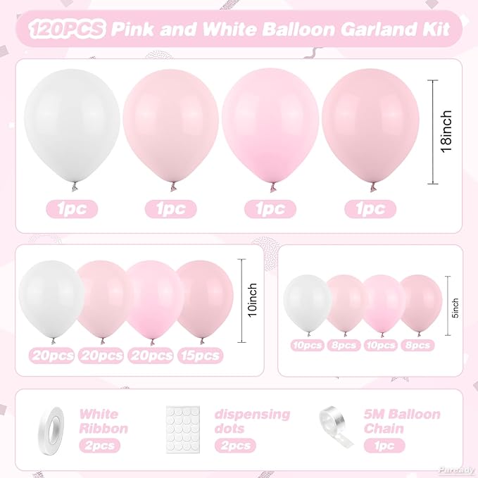Paready Pink and White Balloon Garland Kit, 120pcs, Balloon Arch, Suitable for Bridal Shower, Valentine's Day, Birthday, Wedding, General Celebration, Unisex Adult, Unisex Children