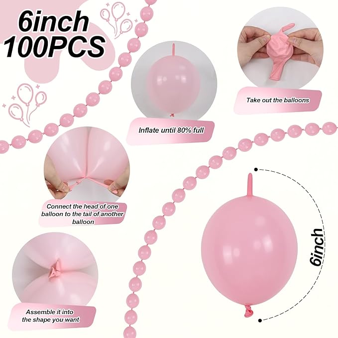 Pastel Pink Linking Balloons, 60PCS 6 Inch Small Baby Pink Link Balloons for Making Balloon Wall Heart Arch, Quick Linked Balloon for Girls Wedding Birthday Baby Shower Valentine's Party Decorations