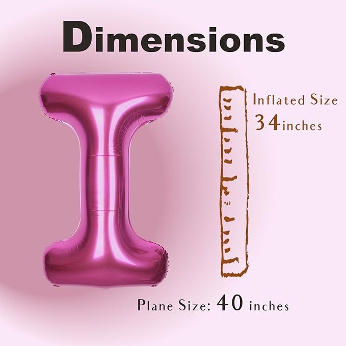 SUWEN 40 Inch Hot Pink Large I Letter Balloons Big Foil Helium Letter Balloons A-Z Jumbo Mylar Happy Birthday Party Decorations for Woman Anniversary Party Supplies