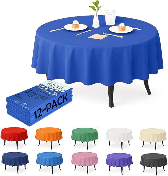 Craft And Party 12-Pack Royal Blue Plastic Tablecloths – 84 Inch Round Disposable Table Covers, Heavy Duty & Waterproof for Parties, Events, Banquets, Royal Blue