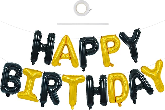 TONIFUL Happy Birthday Balloons Banner with Ribbon Straw, 16 Inch Mylar Letters Birthday Sign Banner Balloon Bunting Reusable for Girls Boys Kids & Adults Birthday Halloween Supplies（Black Gold）