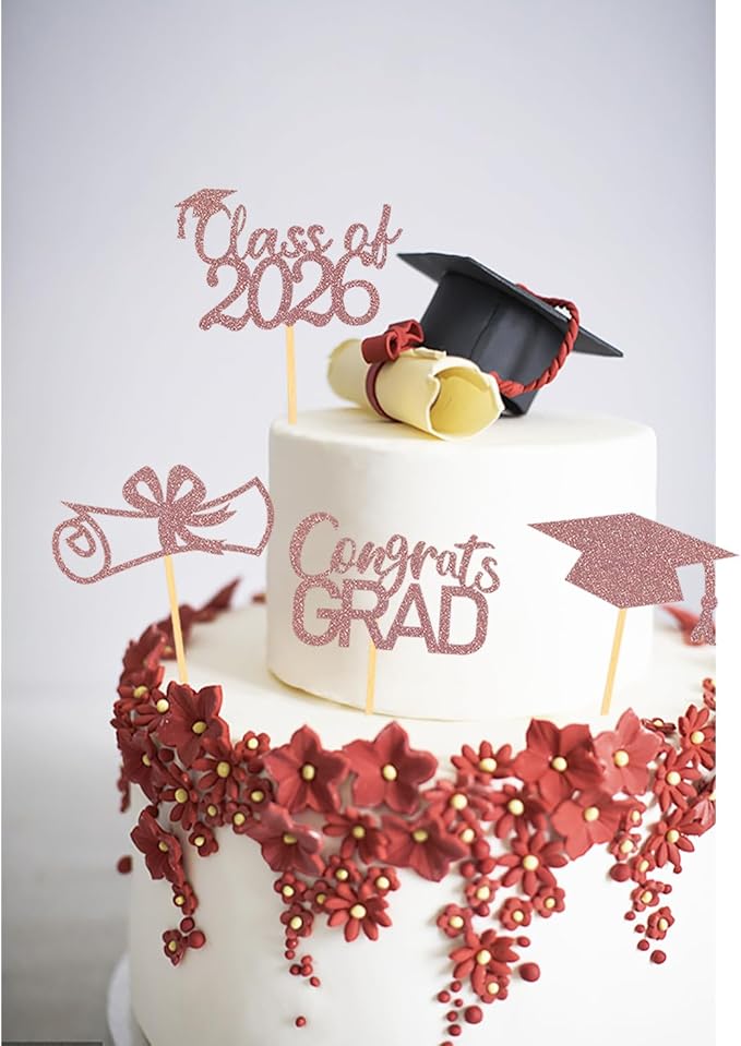 2026 Graduation Theme Cupcake Toppers Glitter Class of 2025 Graduation Cap Diploma Cupcake Picks - Set of 24 (Rose Gold2)