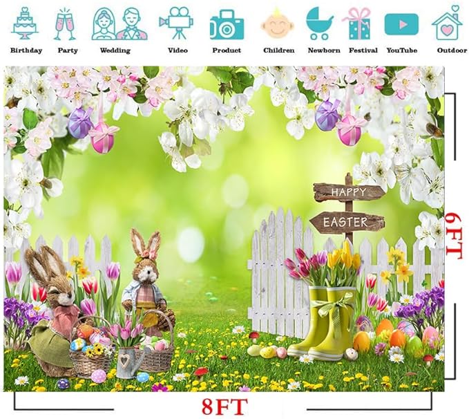 CYLYH 8x6FT Easter Backdrop Spring Flowers Grass Backdrop Colored Egg Rabbit Backdrop for Easter Party Decoration Baby Shower