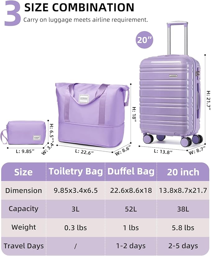 LARVENDER Carry on Luggage 22x14x9 Airline Approved, 20 Inch Hardside Suitcase with Wheels TSA Lock, PC+ABS Lightweight Travel Luggage Sets for Women, Glossy Lavender, 3 Piece Set