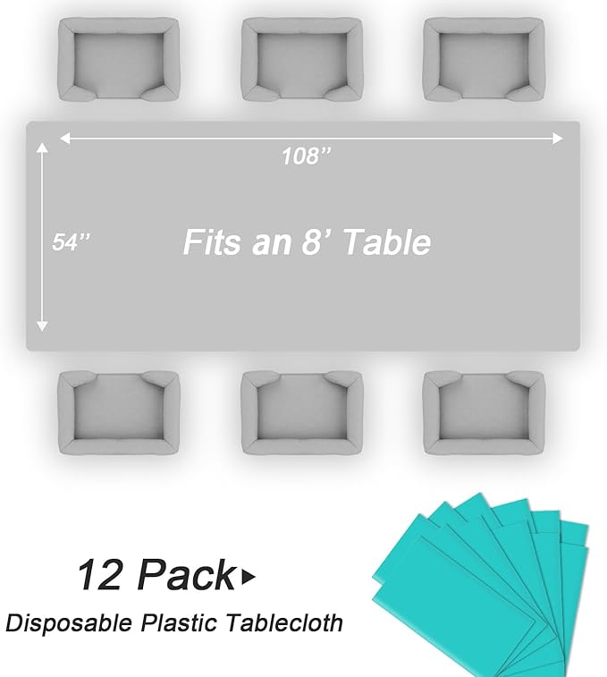 QIKSION Teal Plastic Table Cloth Disposable 12 Pack, 54 x 108 Inch Tablecloths for Easter Party, Summer, Turquoise Rectangle Table Cover