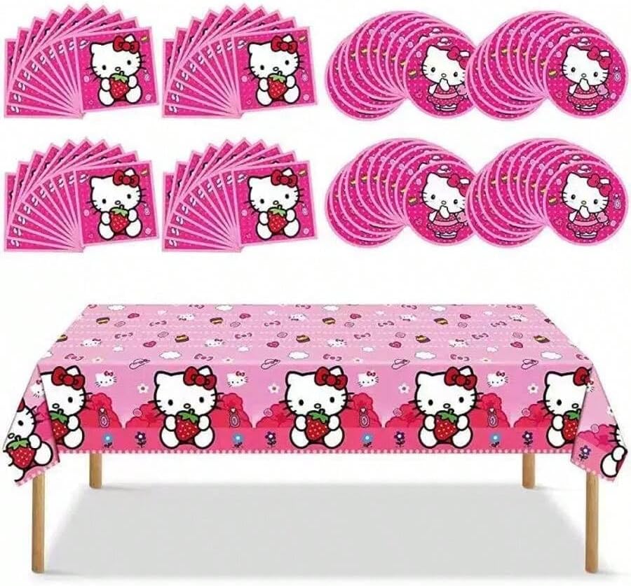 41 pcs Pink Cat Party Decoration Hello Cat Pink Kite Including 1pc Tablecover 20 pcs 7 inches Plates and 20 pcs 6.5 inches Napkins Cat Theme Birthday Party Decoration Favor Sets (Strawberry 41)