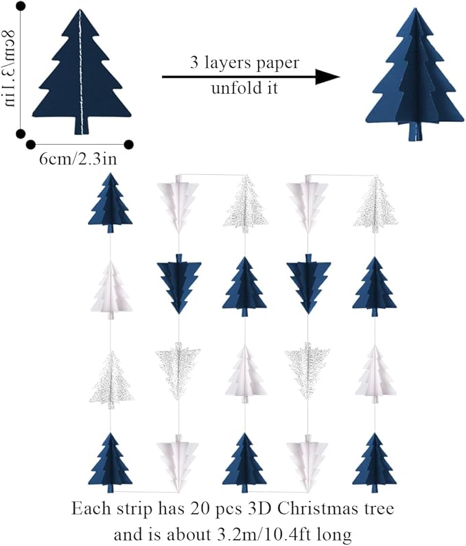 Navy-Blue White Silver Christmas Decorations - 2Pcs 3D Christmas Tree Paper Streamers Party Banner Garland Hanging Decor HongTongTong