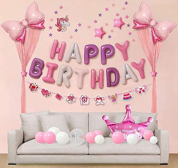 KALOR Purple Pink Happy Birthday Balloons Banner, 16 Inch Mylar Foil Letters Balloon Sign for Girls Women Birthday Decorations Photo Backdrop