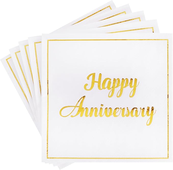 Vuzvuv 50 Pack Gold Foil Happy Anniversary Decorations Cocktail Napkins - Wedding Dating Anniversaries Party Dinner Hand Napkin for Party Supplies Decorations Table Decor (5" Folded 2 Ply)
