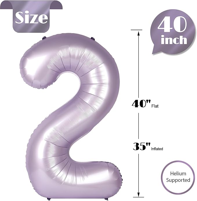 Lilac Number 2 Balloon 40 Inch, 2nd Birthday Decoration for Toddlers Girls Boys, Sparkling 2 Number Balloon Party Decor