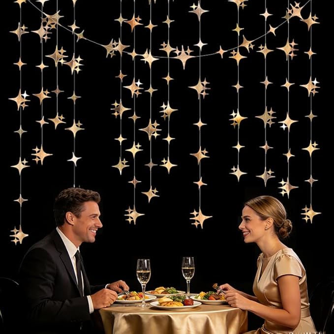 Glitter Champagne Four-Angle Star Paper Garland Banner Décor 40 Feet Twinkle Champagne Star Hanging Bunting Banner Backdrop for Wedding Baby Shower Birthday Graduation Disco Party Decorations