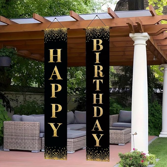 12x71 inch black gold glitter birthday porch banner indoor and outdoor hanging decoration for birthday parties, weddings, graduation ceremonies, terraces, courtyards, and home decor made of polyester fabric, reusable and easy to install