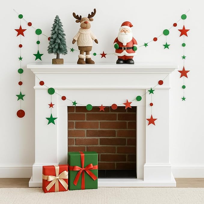 GCQQ 52Ft Christmas Garlands - Red Green Christmas Paper Streamers Garland Glitter Star Circle Dots Wall Hanging Decorations Indoor for New Year, Xmas Tree, Office, Table, Ceiling, Classroom