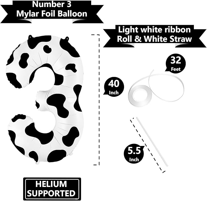 40 Inch Cow Print Balloon, Number 3 balloons Cow Balloons for 3st birthday decoration, Large Cow Number Balloons for western party decorations Baby Shower Animal Theme Party Holiday Decor