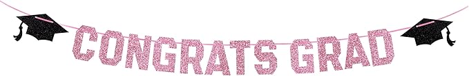 Class of 2025 Graduation Theme Party Decoration Banner, Congrats Grad Banner, Black Glitter Graduation Banner, 2025 Black Congratulations Grad Party Decorations (Pink, Need DIY)