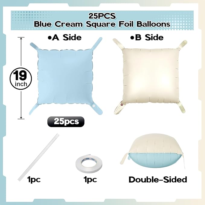 Baby Blue White Square Foil Balloons Wall, 25PCS Dusty Blue and Pastel Cream Square Balloons Backdrop, Double Sided Tunnel Arch Background for Boho Baby Shower Boys Men Birthdays Wedding Bridal