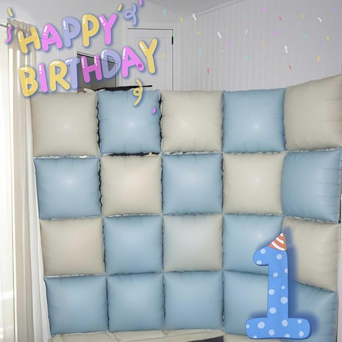 Baby Blue White Square Foil Balloons Wall, 25PCS Dusty Blue and Pastel Cream Square Balloons Backdrop, Double Sided Tunnel Arch Background for Boho Baby Shower Boys Men Birthdays Wedding Bridal