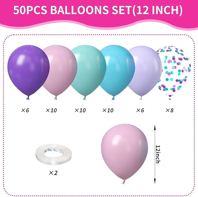 Mermaid Balloons,Sea Balloons 50Pcs 12 Inchs Baby Pink Purple Blue Confetti for Girl Mermaid Birthday Ocean Theme Party Baby Shower Wedding Engagement Decorations