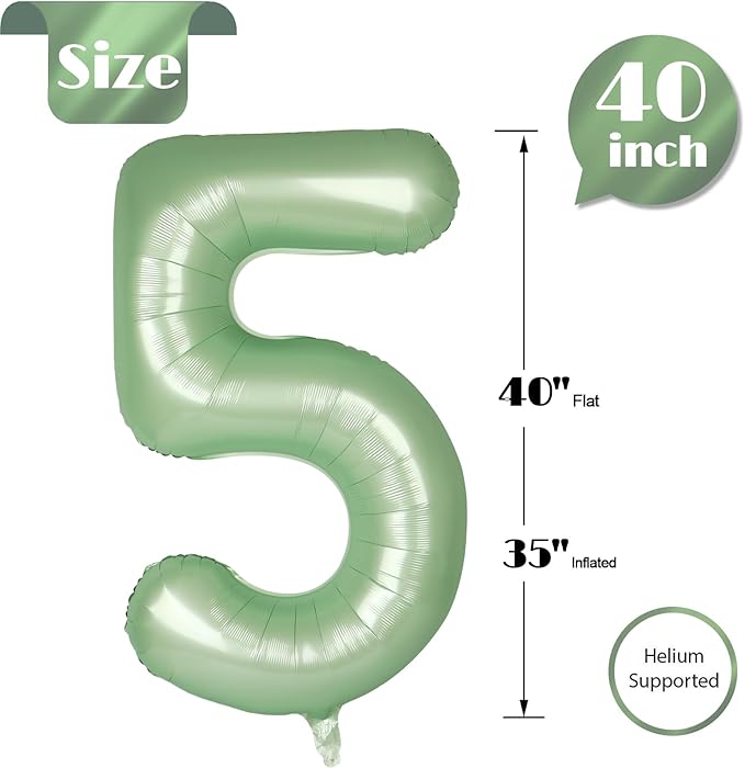 Sage Green Number 5 Balloon 40 Inch, 5 Balloon Number, 5th Birthday Decorations, Oliver Green Party Supplies for Boys Girls