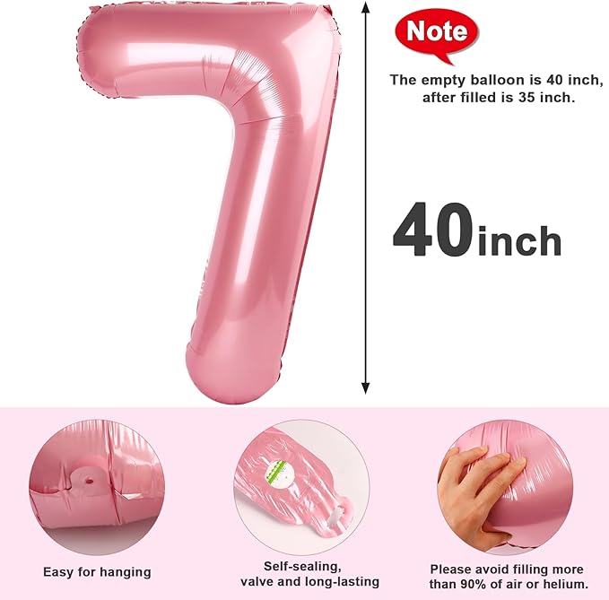 40 Inch Number 7 Balloon, Pearl Pink Seven Birthday Decor, 7 17 27 70 Year Old Balloon Number for Engagement, Wedding, Graduations