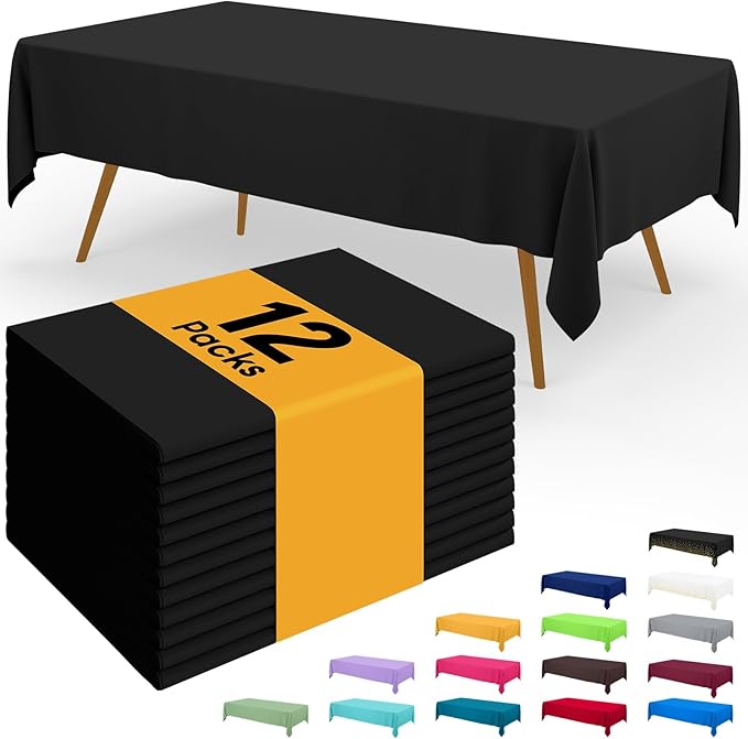 Smiry Disposable Table Cloth - 12 Pack, 54 x 108 Inch Waterproof Rectangle Tablecloths for Parties, Decorative Plastic Table Cover, Leakproof & Sturdy, Black