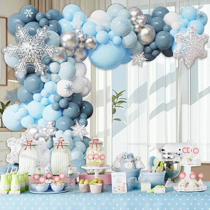 144Pcs Winter Wonderland Balloon Garland Arch Kit, Blue White Metallic Silver Latex Balloons with Snowflake Foil Balloons for Christmas Holiday Snow Princess Baby Shower Birthday Decorations