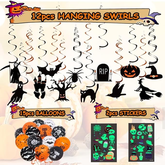 Halloween Party Decorations Set Including Happy Halloween Banner, Hanging Swirl, Pumpkin Skull Ghost Horror Banner Balloons for Indoor Decorations