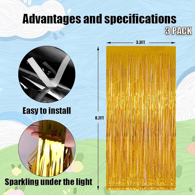Valentines Day 3 Pack 3.3 * 8.3 ft Foil Curtain Metallic Tinsel Fringe Curtains Photo Booth Props Backdrop for Birthday Wedding Engagement Baby Shower Christmas Holiday Celebration Partyl,Gold