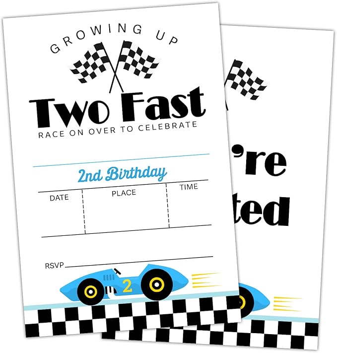 2nd Race Car Birthday Party Invitation Cards for Kids Boys, Two Fast 2nd Birthday Celebration Party Invite Cards Supplies Decorations, 20 Double-Sided Fill In Invites With Envelopes -01