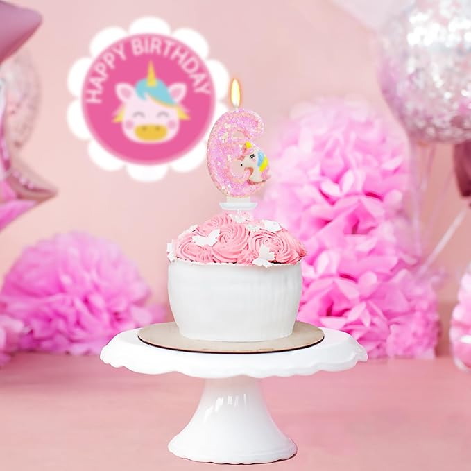 Birthday Candles - Number 6 Candle, 6th Birthday Decorations for Girl, Pink Unicorn Candles for Cake Topper, Cartoon Theme Party Supplies