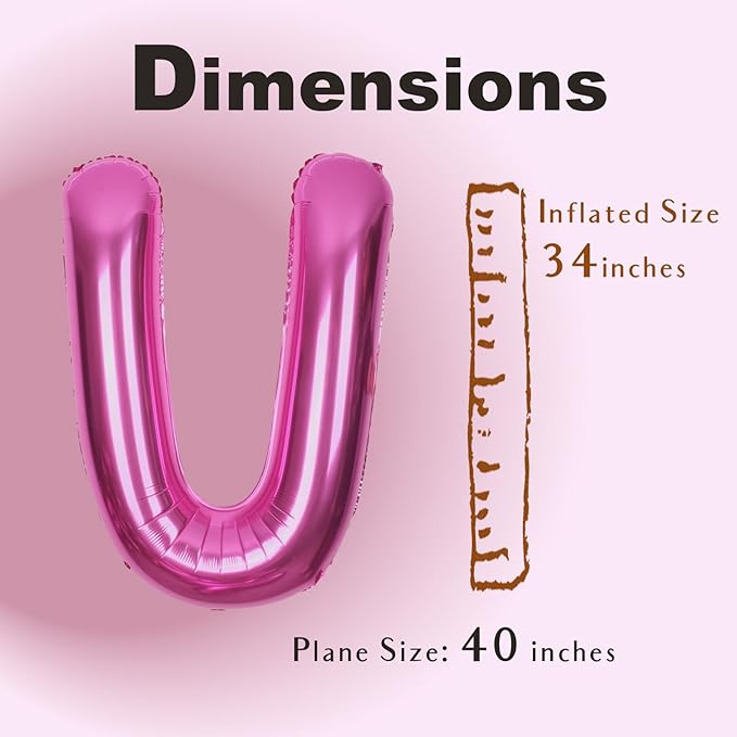 SUWEN 40 Inch Hot Pink Large U Letter Balloons Big Foil Helium Letter Balloons A-Z Jumbo Mylar Happy Birthday Party Decorations for Woman Anniversary Party Supplies