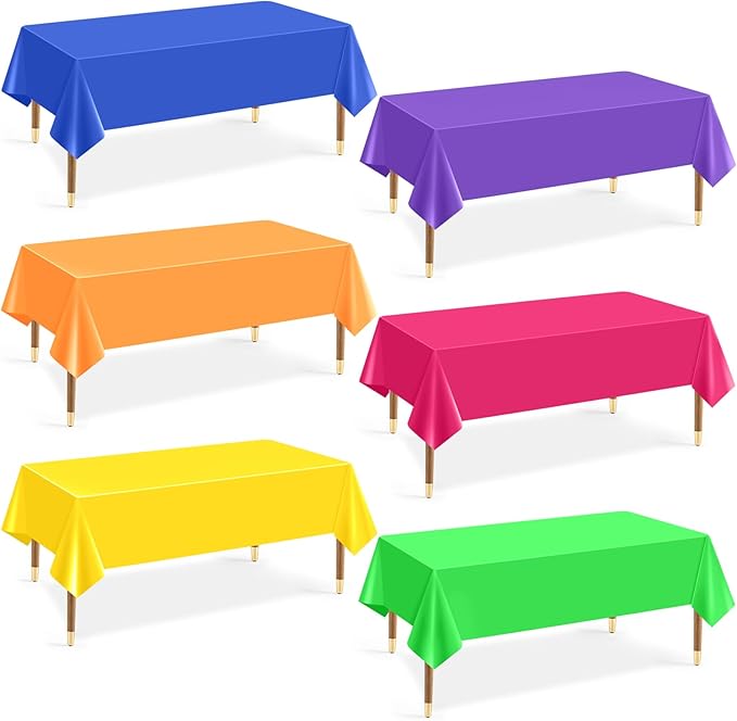 Mwellewm 6Pcs Plastic Table Cloth Disposable, Assorted Color Rainbow Tablecloth Colorful Neon Rectangle Bulk Solid Table Cover for Birthday Wedding Graduation Fiesta Home Party Decorations(54x72 Inch)