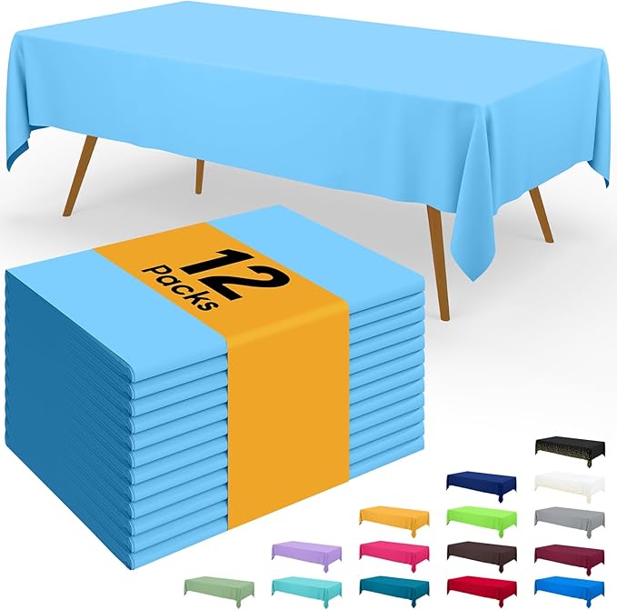 Smiry Disposable Table Cloth - 12 Pack, 54 x 108 Inch Waterproof Rectangle Tablecloths for Parties, Decorative Plastic Table Cover, Leakproof & Sturdy, Light Blue