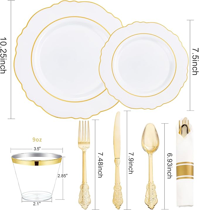 Liacere 350PCS Gold Plastic Plates-Disposable White and Gold Plates 50guest Baroque Plastic Dinnerware include 100Plates, 50Pack Pre Rolled Napkins with Silverware 50Cups for Wedding & Easter Day