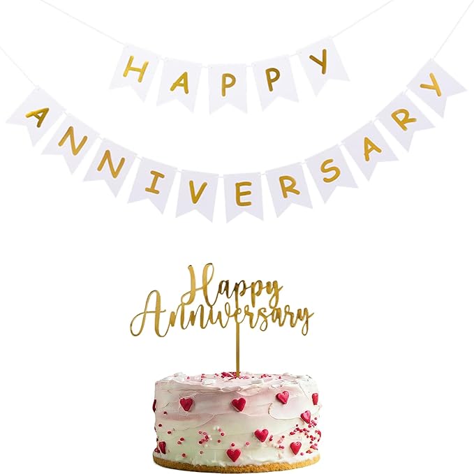 Happy Anniversary Banner Balloons Wedding Love Party and Background Indoor Outdoor Decorations (Banner+Toppers)