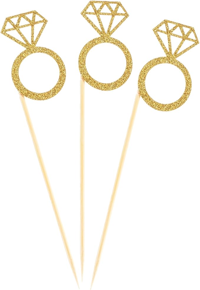 50 Pack Cupcake Toppers Gold Glitter Mini Diamond Ring Cakes Toppers for Marriage Engagement Anniversary Birthday Valentines Party Cake Decor