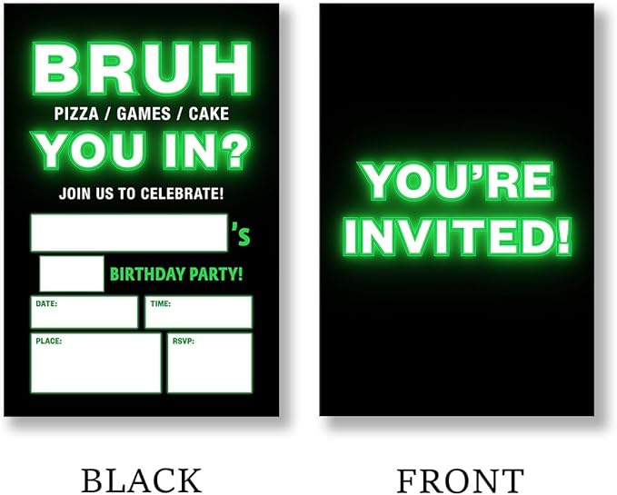 Bruh Neon Birthday Party Invitation Supplies with Envelopes Set of 20 Teenager Party Invitation Fill in Blank, Double Sided