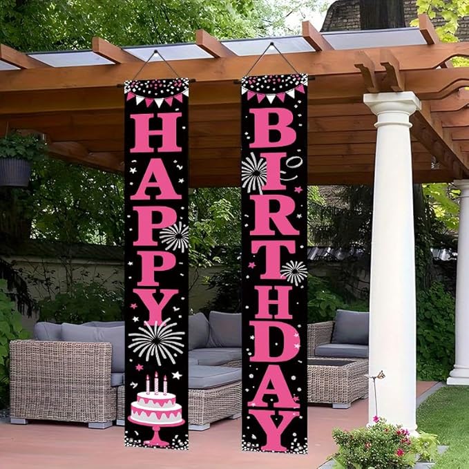 12x71 inch Birthday Party Porch Banner Durable pink and black fireworks cake design, suitable for indoor and outdoor hanging decorations for birthdays, anniversaries, or graduation ceremonies. Made of weather resistant polyester material, it is easy to...