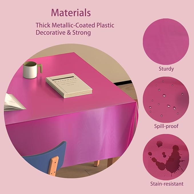 4 Pack Iridescent Plastic Tablecloths Disposable Table Cover Sparkly Foil Table Cloth for Rectangle Tables Party Decorations Birthday Princess Bridal Wedding Christmas Hot Pink, 54 x 108 Inch