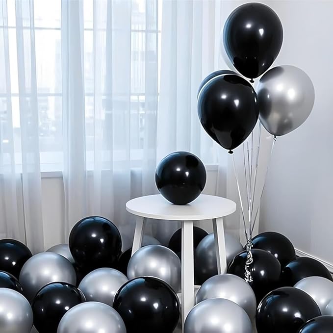200 Pcs Black and Silver Balloons 12 Inch Latex Black Metallic Chrome Silver Balloon for Birthday Wedding Bridal Baby Shower Supplies Graduation Party Decorations