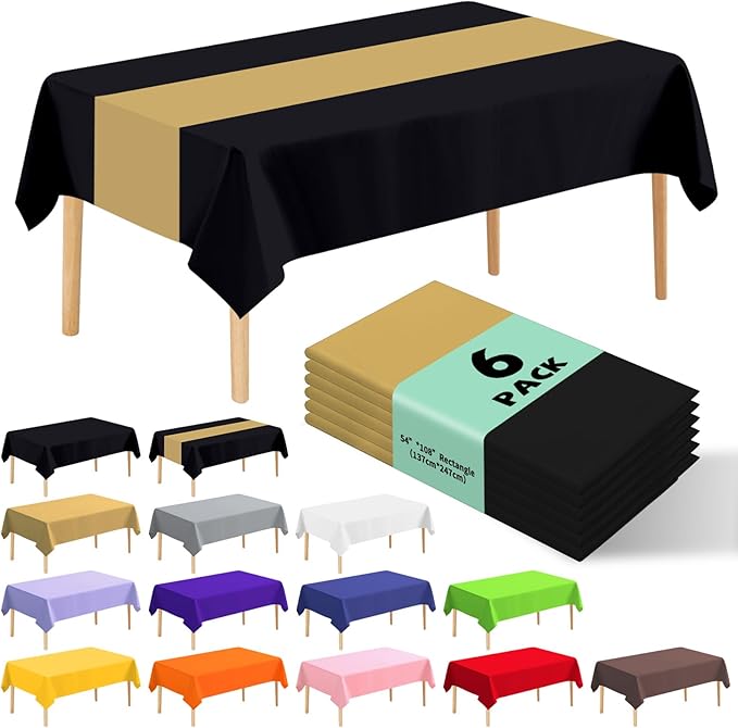 6 Pack Premium Disposable Plastic Tablecloth 54" x 108" Party Table Cloths Disposable for 6 to 8 Foot Tables Indoor or Outdoor Birthdays Weddings Christmas Anniversary Buffet Table (Black and Gold)