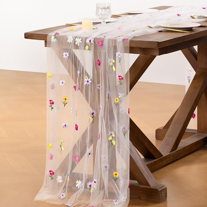 Socomi Floral Table Runner Spring Wildflower Gauze Tulle Cheesecloth Embroidery Sheer Table Runners for Wedding Party Baby Shower Birthday Holiday Picnic Home Decor 3pcs