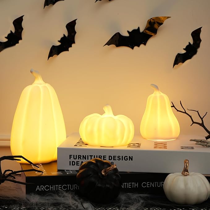 Light Up Pumpkin Halloween Decor - 3 Pack Ceramic Pumpkin Decor for Indoor, Table, Tray