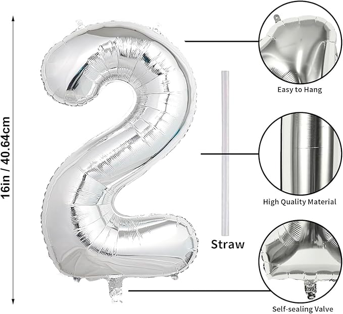 16 In Silver Large Numbers Balloons 0-9, Self Inflating Number 2 Balloons for Boys Girls, Big Silver Digit 2 Balloons for Women Men Birthday Party Anniversary Wedding Supplies Decorations
